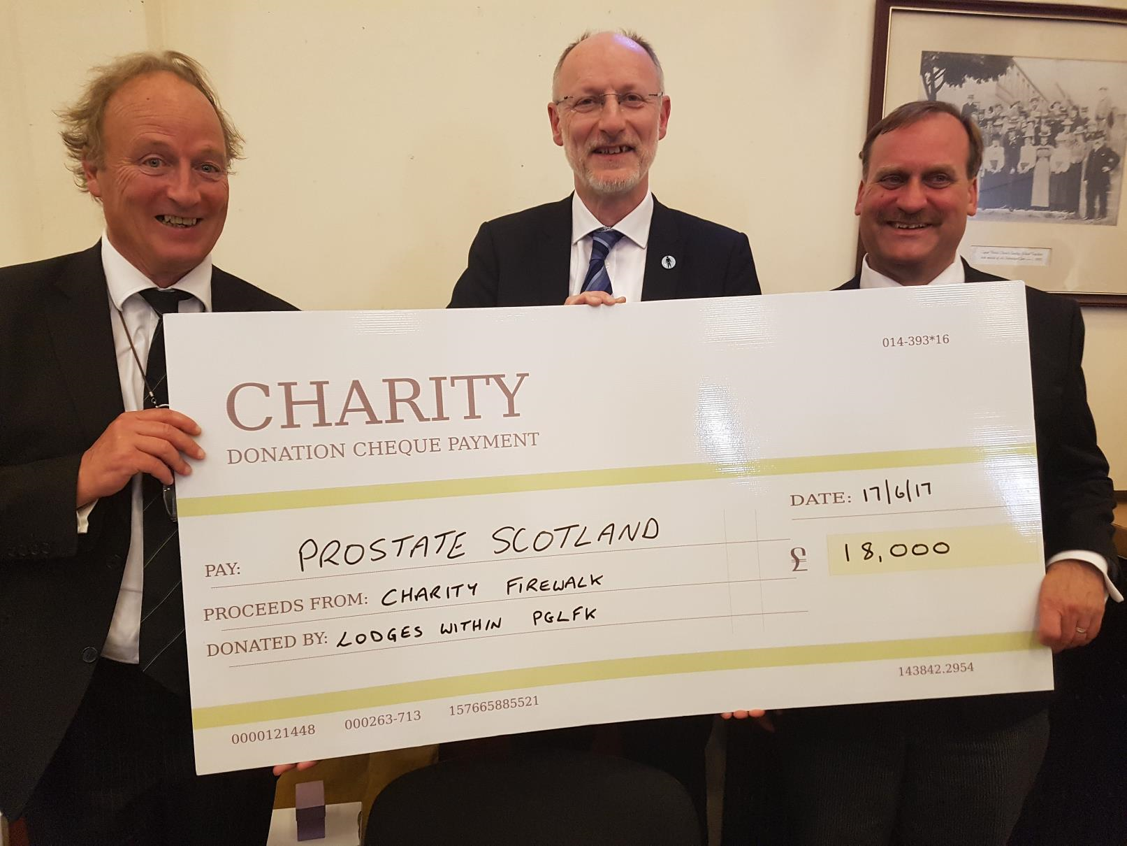 Cheque presentation from Provincial Grand Lodge of Fife & Kinross