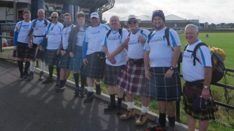A group of Prostate Scotland Kiltwalkers at Murrayfield Rugby Stadium